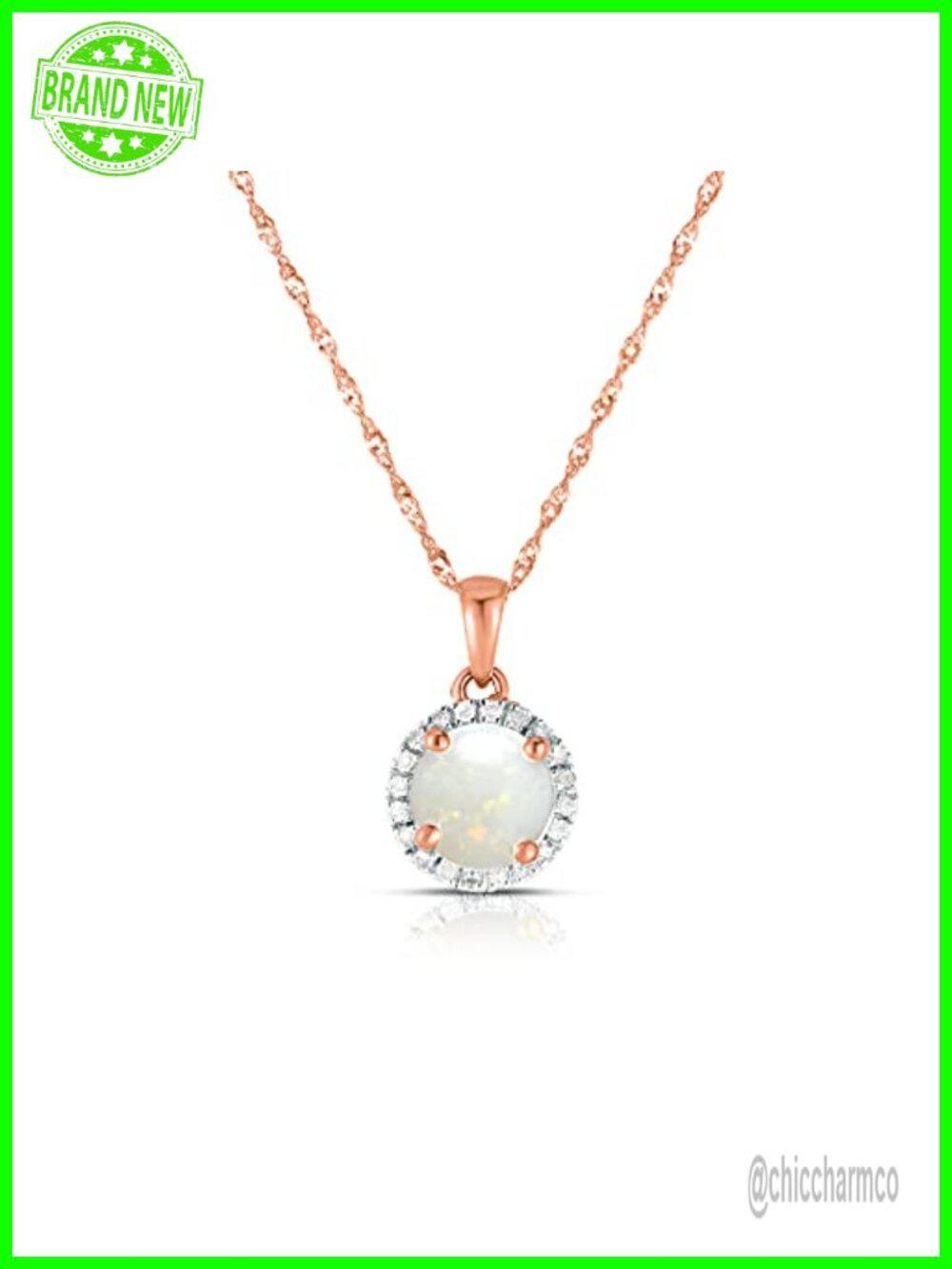 14K Solid Rose Gold Genuine Opal Diamond Halo Pendant Necklace